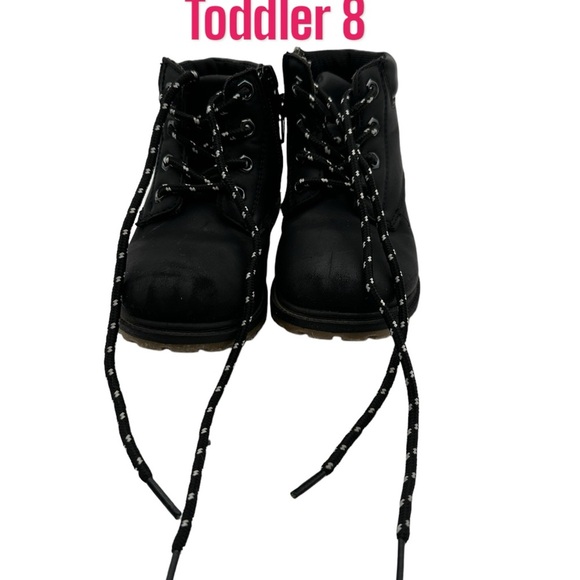 Kids Boys Girls 8 Toddler Black Shoes Ankle Faux Leather Boots High Top Lace Up - Picture 2 of 8